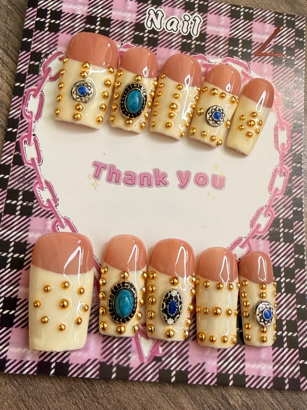 Handmade Nude & Cream Press-On Nail Set with Turquoise Accents